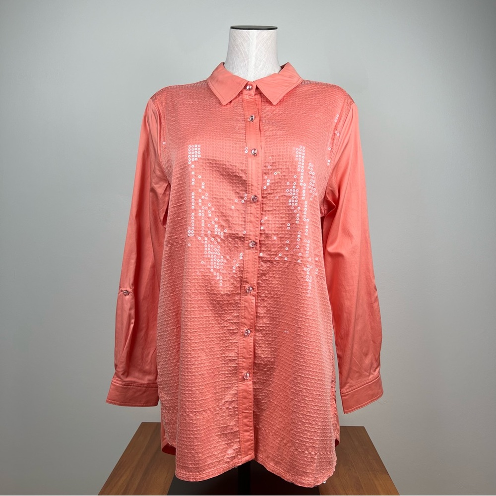 Berek Tangerine Orange Long Sleeve Sequin Button Down Shirt